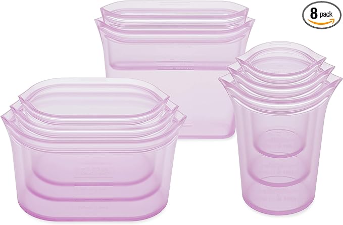 Zip Top Reusable Food Storage Bags | Full Set of 8 [Lavender] | Silicone Meal Prep Container | Microwave, Dishwasher and Freezer Safe | Made in the USA