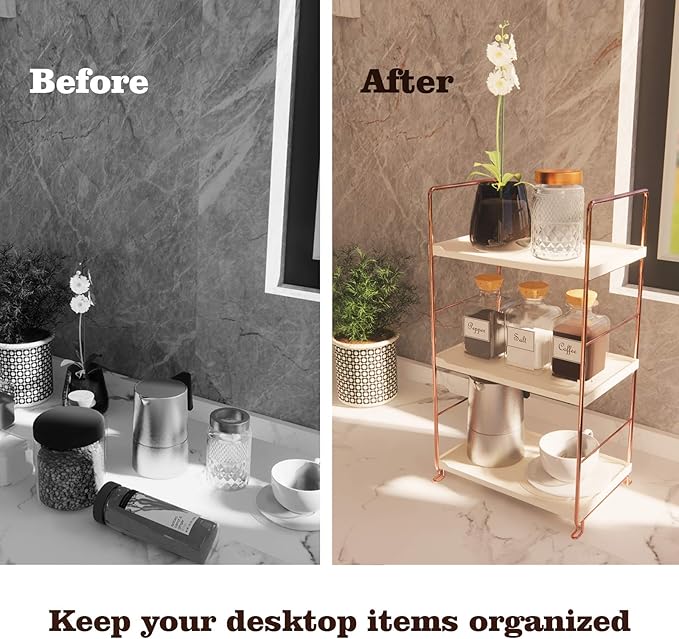 Plastic/Metal Freestanding Stackable Organizer Shelf,Bathroom Countertop Storage Shelf Cosmetic Organizer Holder Kitchen Spice Rack,3-Tier Standing Rack (Rose Gold)