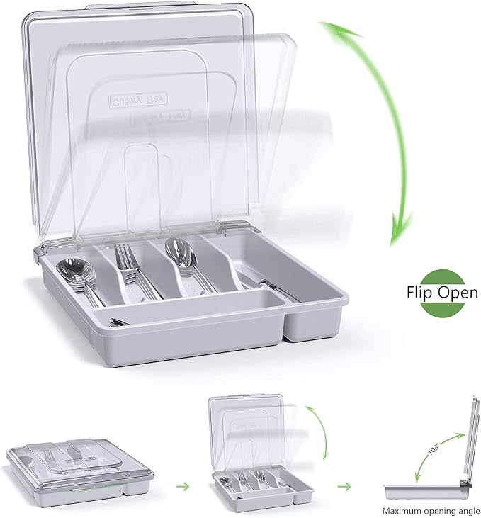 Silverware Organizer with Cover, Portable Cutlery Holder Flatware Tray with Lid Plastic Silverware Storage Box Airtight Black Cutlery Tray with Lid (White)