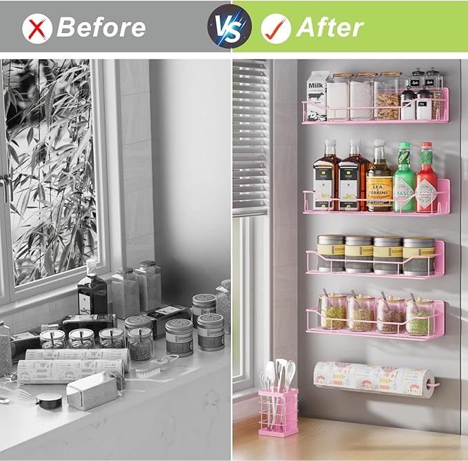 Magnetic Spice Rack for Refrigerator, 6 Pack Strong Magnet Spice Organizer with Paper Towel Holder, Utensil Holder, Moveable Magnetic Fridge Shelf for Kitchen Organization and Storage (Pink)