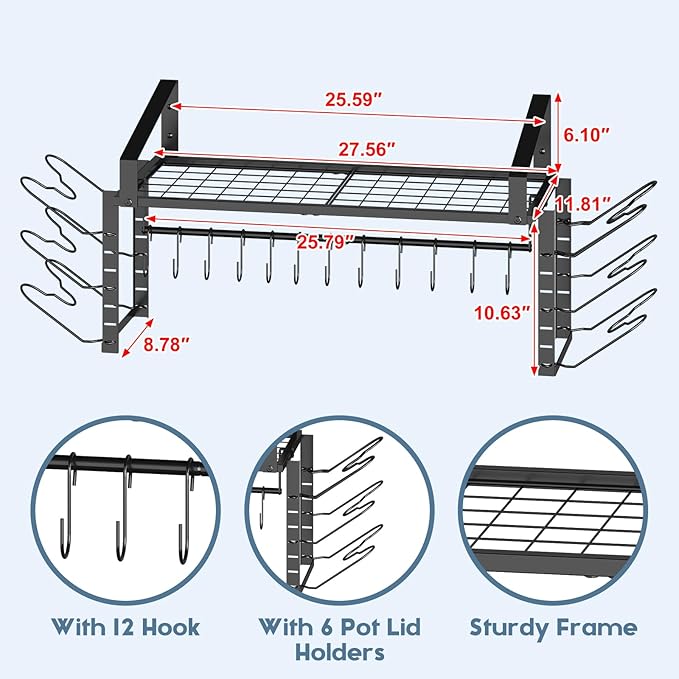 X-cosrack Hanging Pot Rack,Wall Mounted Pot and Pan Organizer with 12 S Hooks,Pot Hangers for Kitchen,Pots Pans Lids Organizer Cookware Hanging Shelves,Equipped with Anti-drop Enlarged Expansion Plugs