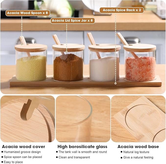 Zubebe 8 Pcs 10 oz Clear Glass Seasoning Jar with Wooden Lid and Spoon Adorable Sugar Condiment Jar Canisters Pot Set Bath Salt Sugar Storage Container Box for Home Cafe Kitchen