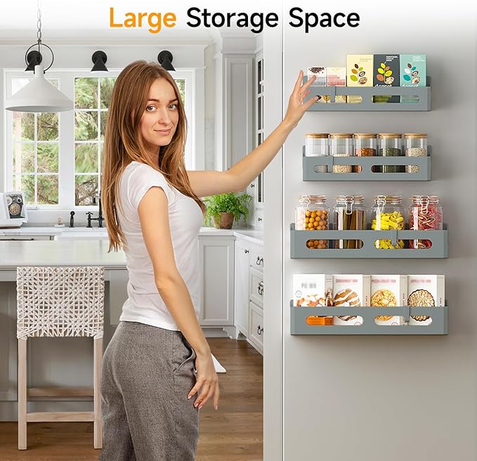 4 Pack Magnetic Spice Rack for Refrigerator, Spice Rack Organizer, Moveable Magnetic Shelf Fridge Organizer with 4 Hooks for Kitchen and Oven Organization, Grey
