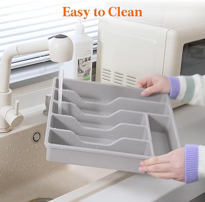 Lifewit Silverware Organizer with Lid, Covered Utensil Tray for Kitchen Drawer and Countertop, Plastic Cutlery and Flatware Storage Box for Spoons Forks Knives Holder, 6 Compartments, 2 Pack, Gray