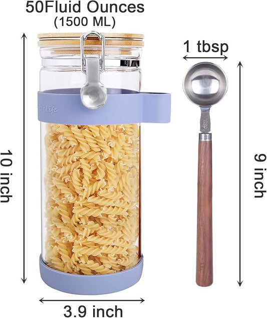 KKC HOME ACCENTS Air Tight Glass Food Storage Canstier with Scoop,Airtight Sealed Glass Jar Canister with Clamp Lid for Cereal,Pasta,Coffee Bean,Matcha,Loose Leaf Tea,Flour,Brown,50 Fluid Ounce