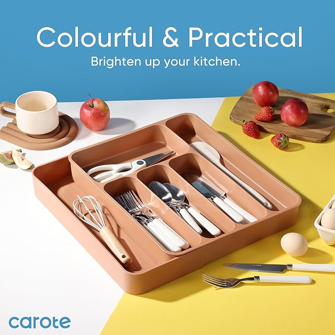 CAROTE Silverware Organizer for Spoons Forks Knives, Expandable Kitchen Drawer Organizer, BPA Free Adjustable Flatware and Cutlery Drawer Organizer, Large, Terracotta