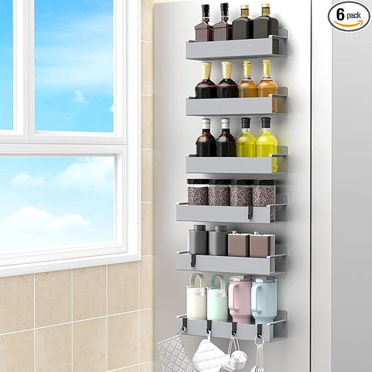 6 Pack Magnetic Spice Rack Organizer for Refrigerator and Oven, Silver Fridge Organizers and Storage for Kitchen