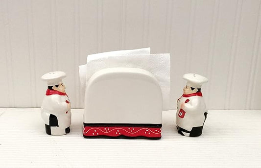 Tuscany Colorful Plump Bistro Chef Hand Painted Ceramic Napkin Holder, Salt & Pepper Shakers Set of 3PCs, Kitchen Décor