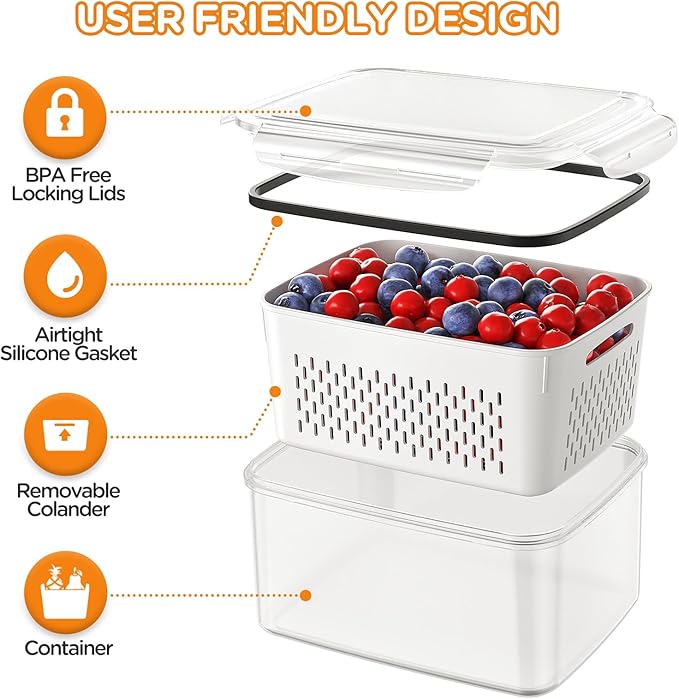 6 PCS Fruit Storage Containers for Fridge with Removable Colanders, 6 Plastic Food Storage Containers with 6 Lids, Leakproof Produce Containers Keep Fruits, Vegetables, Berry, Meat Fresh Longer