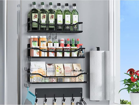 Magnetic Spice Rack for Refrigerator, 5 Pack Metal Strong Magnetic Shelf for Oven，Moveable Spice Organizer with Paper Towel Holder and Metal Hooks, Fridge Organizers and Kitchen Storage (Black)