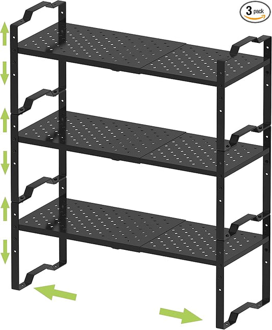 Expandable Shelf Cabinet Organizer Adjustable Stackable Spice Rack at Kitchen Bathroom More, Countertop Cupboard Organization Pantry Storage,Metal Plate with Hole (3 Packs/Black, L)