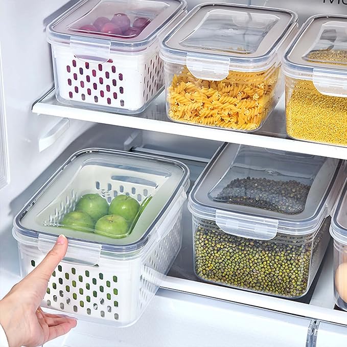 4 Pack Fresh Food Storage Containers, Large Capacity Produce Saver Box with Drain Baskets & Lid, Fridge Organizer, Airtight Fruit Organizer for Refrigerator, Stackable Plastic Fruit Veggie Saver