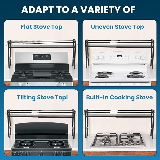 Stove Top Shelf, Extendable Spice Rack for Kitchen - Adjustable Over-the-Stove Shelf with 4 Hooks, Seasoning Organizer Countertop, Extra Space Saver (Black)
