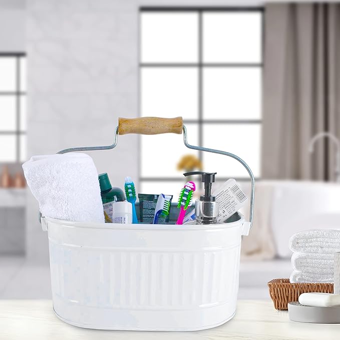 CLEENTABLE 4-Compartment Rustic Farmhouse Utensil Caddy with Removable Handle – Powder-Coated Steel Kitchen Organizer for Parties, Tailgates & Home (12" x 7.5" x 5.5", Snowy White/Grey)