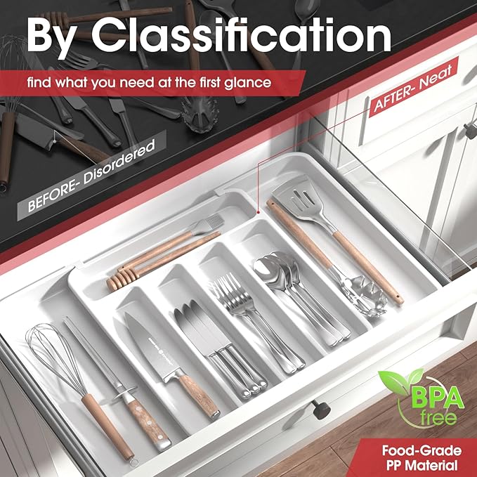 Aujen Expandable Kitchen Drawer Organizer - Adjustable Utensil Organizer, Multipurpose Storage Solution for Forks, Knives, White