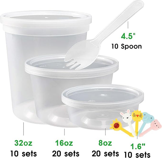 [50 Pack, 8oz, 16oz, 32oz] Food Storage Containers with Lids, BPA-Free | Airtight | Stackable Plastic Deli Containers (Includes 10 Spoons & 10 Forks), Dishwasher, Microwave & Freezer Safe
