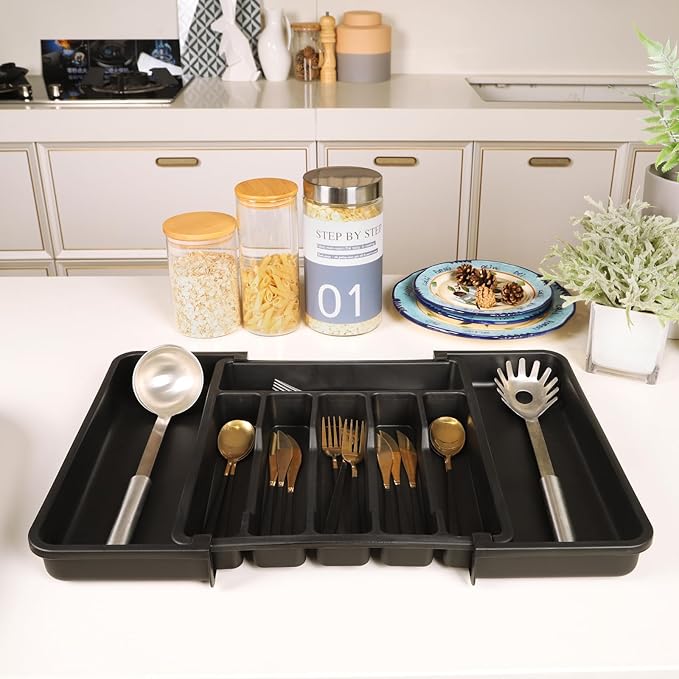 Houseware Expandable Kitchen Drawer Flatware Organizer,Silverware Organizer Utensil Drawer Cutlery Tray, Black