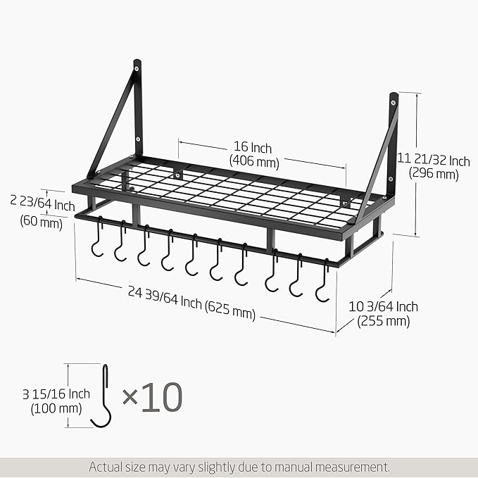 KES 24 Inch Kitchen Pot Pan Rack Wall Mounted Hanging Storage Organizer Wall Shelf With Hooks Matte Black, KUR215S60-BK