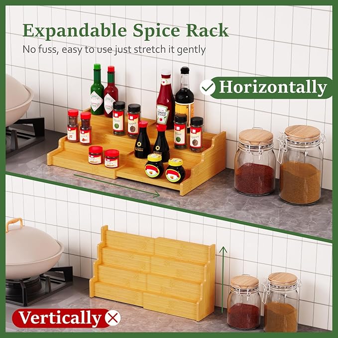 Spice Rack Organizer for Expandable 4-Tier, 2 Pack Adjustable Bamboo Spice Storage for Kitchen Cabinet, Pantry and Countertop Organization, Natural