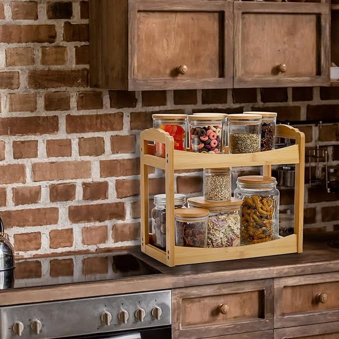 Bekith 2 Tier Spice Rack Organizer for Cabinet, Bamboo Countertop Shelf Corner Shelf Pantry Shelves for Kitchen, Bedroom, Bathroom