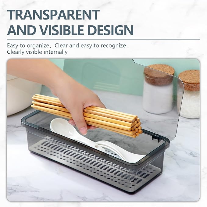 SUNSHNO 2PCS Flatware Tray with Lid and Drainer, Tableware Utensil and Cutlery Drawer Organizer with Lid Covered Silverware Tray to Keeps Your Cutlery Organized and Protected