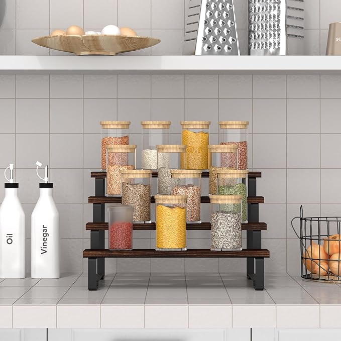 4 Tier Spice Rack Organizer Display Riser Stand, Kitchen Cabinet Countertop Pantry Coffee Bar Display Shelf for Spice, Liquor, Figure (1Pack-4Tier-Rustic Brown)