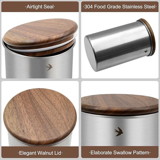 Food Storage Jar Canister with Airtight Walnut Wood Lid Elegant Design Stainless Steel Canister for Tea Coffee Sugar Spice Nuts Snacks Seasonings Storage Jar Caddy (19oz Natural)