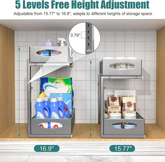 1 Pack Under Sink Organizer, 2 Tier Metal Pull Out Under Sink Storage with Sliding Mesh Drawers, Height Adjustable Slide Out Under Sink Organizer for Kitchen Bathroom Cabinet, Gray