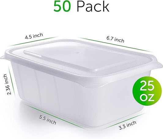 PrepNaturals 50 Pack Meal Prep Containers - 50 Pack of 25 Oz 100% BPA-free Plastic Food Storage Containers with Lids - Reusable Plastic Containers with Lids - Dishwasher Safe Lunch Containers