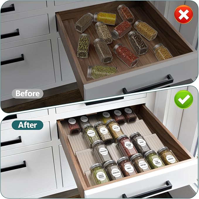 Spice Drawer Organizer,8 Pcs,Acrylic Spice Drawer Organizer,Drawer Spice Rack,Expandable From 13'' to 26'' Kitchen Spice Rack Organizers and Storage for Drawer(Grey)
