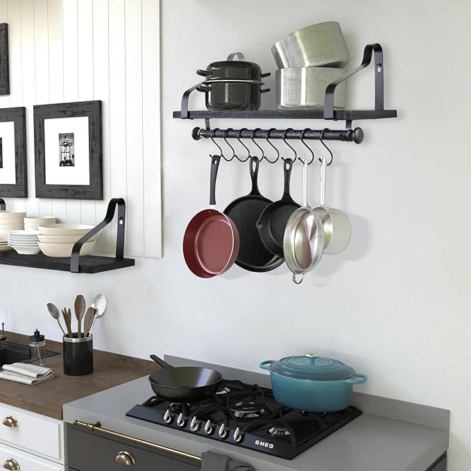 Gurfury Wooden Hanging Pot Rack with 8 hooks - Farmhouse Style Wall Mount Multifunctional Cookware Organizer Rack Kitchen Storage for Pans Utensils (Black)
