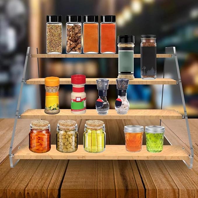 VAEHOLD Spice Rack Organizer for Cabinet & Countertop - Seasoning Organizer Spice Shelf - Space Saving Wooden Display Risers Shelf Showcase Fixtures Jewelry (4 Tier)