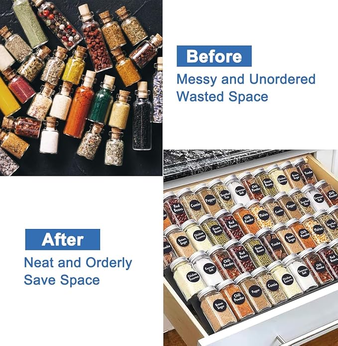 Expandable Spice Drawer Rack Organizer Insert for Kitchen Cabinet - Multi Tier Adjustable Spice Storage Shelf for Seasoning and Jar, Pack of 12