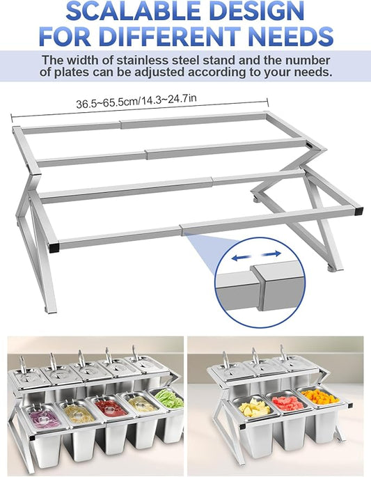 Lanstics 10 Pans Spice Rack Shelf 2 Row Adjustable Stainless Steel Spice Organizer Stand with Spoons Countertop Inclined Holder Buffet Containers Set for Sauce Jam Ingredient Kitchen Restaurant Pantry