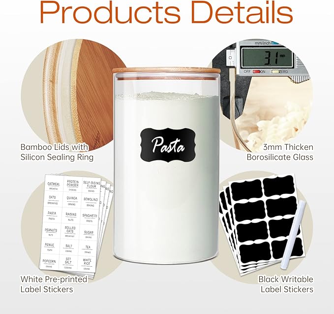 Large Glass Flour and Sugar Containers 180oz x2 [Set of 2], Glass Food Storage Containers with Bamboo Lids, Glass Jar with Airtight Lids for Spaghetti Pasta,Rice,Cereal,Candy,Coffee, Oat