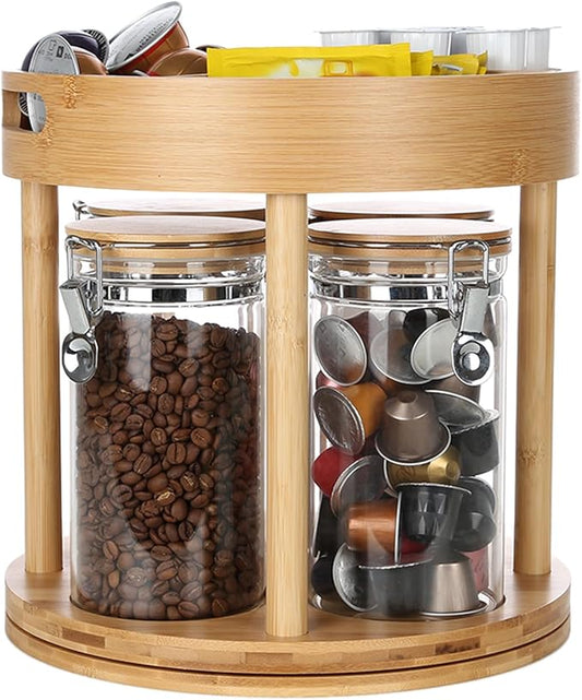 KKC HOME ACCENTS Coffee Tea Bar Accessories Organizer for Countertop,Coffee Bar Lazy Susan Organizer with 4 Airtight Glass Canisters for Countertop,2 Tier,Bamboo