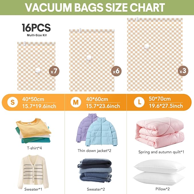 16 Pack Travel Vacuum Storage Bags with Electric Pump, 3 Large+6 Medium+7 Small Vacuum Sealer Bags, 80% Space Saver Bags for Luggage, Comforters and Blankets, Travel Essentials(Light Pink Checkered)
