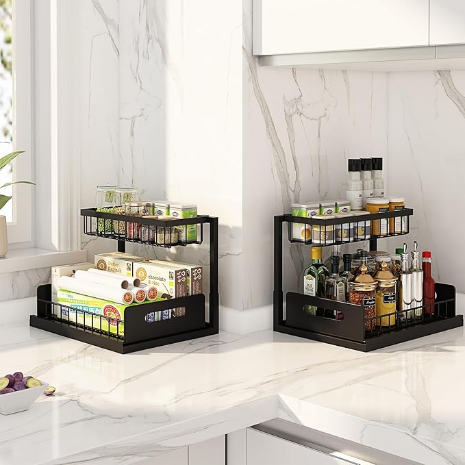 Webetop Under Sink Organizer Kitchen, 2 Pack Pull Out Cabinet Organizer 2 Tier Underneath Sink Organizers and Storage Shelves Slide Out Sink Shelf for Kitchen Bathroom Pantry Cabinet Home