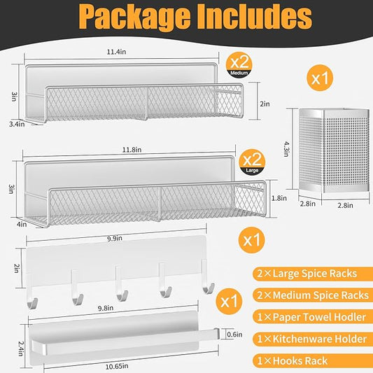 7 Pack Metal Spice Rack for Refrigerator, Moveable Organizer with Hook Rack, Paper Towel Holder, Strong Magnetic Storage