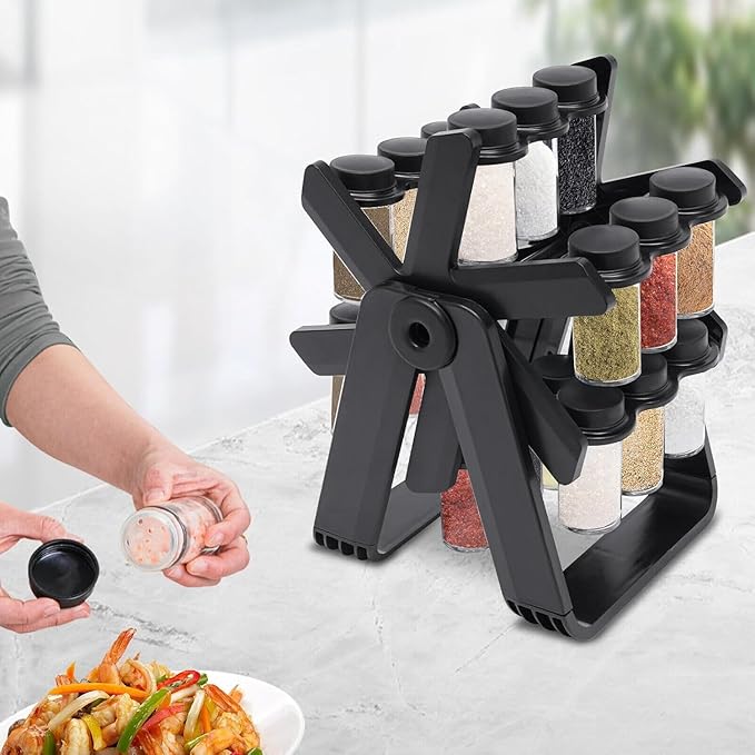 Rotating Spice Rack with 18 Glass Jars, Labels, and Funnel - 360 Degree Rotating Ferris Wheel Revolving Spice Rack Organiser for Seasoning & Herbs -Gift Set As Spice Organiser