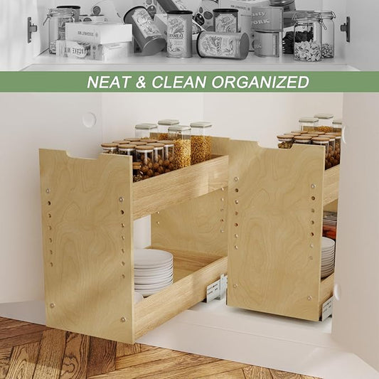 LOVMOR Adjustable Pull Out Cabinet Organizer 13½” W x 18½”H 2-Tier Narrow Cabinet Drawers Slide Out with Soft Close Wood Spice Rack for Narrow Cabinet