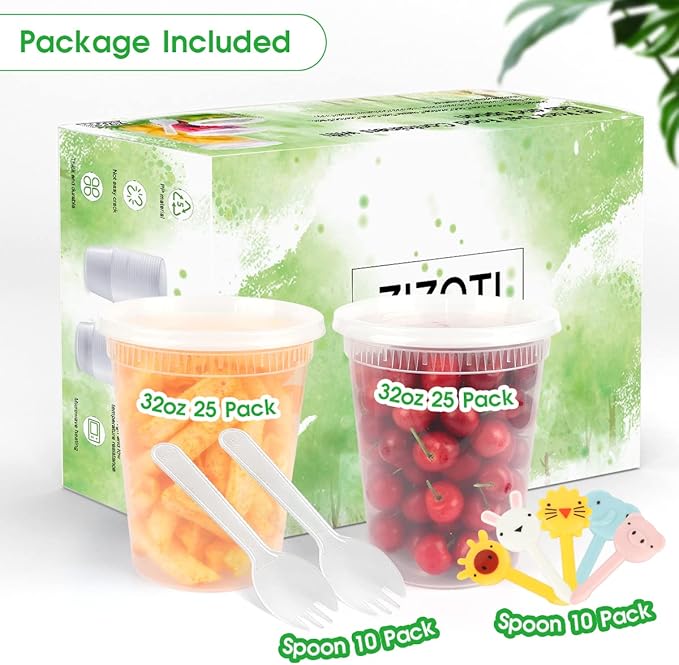[25 Pack, 32oz] Food Storage Containers with Lids - BPA-Free | Airtight | Stackable Plastic Deli Containers (Includes 10 Spoons & 10 Forks), Dishwasher, Microwave & Freezer Safe