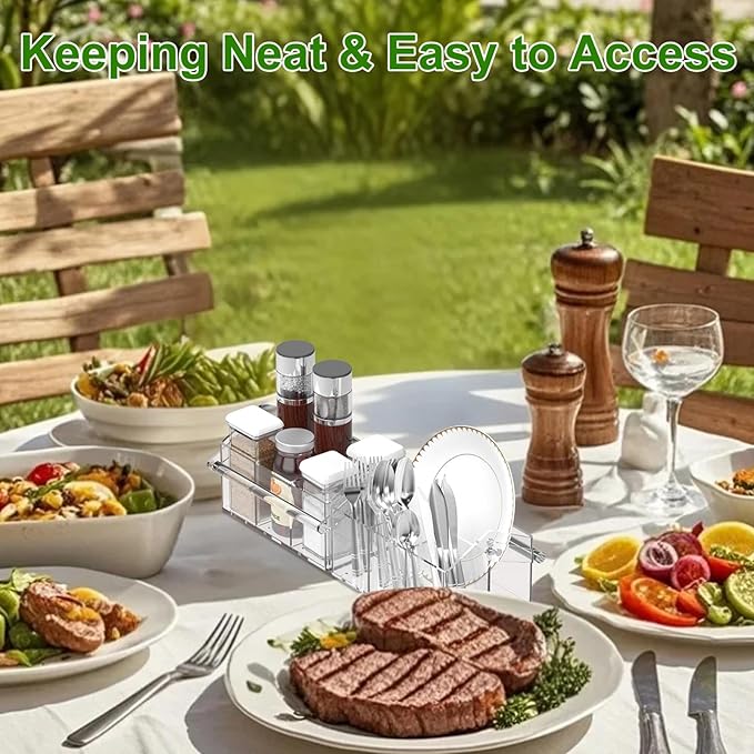 Silverware Organizer, Paper Plate Holders, Cutlery and Flatware Caddy for Countertop, Table, Buffet, and Picnic - Acrylic Party Utensil Holder for Knives, Forks, Spoons, Plates, Napkins
