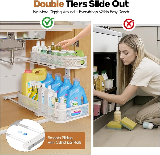 2 Pack 19.3IN-Depth Under Sink Organizer with Smooth Cylindrical Rail,2-Tier Pull Out Multi-Purpose Cabinet Storage for Bathroom&Kitchen,Height Adjustable,Rust-Resistant Coating-White