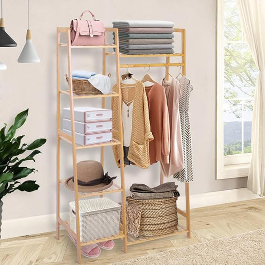 Ufine Bamboo Garment Rack 7-Tier Storage Shelves Clothes Hanging Rack, Heavy Duty Clothing Rack Minimalism Wardrobe Closet Organizer for Indoor