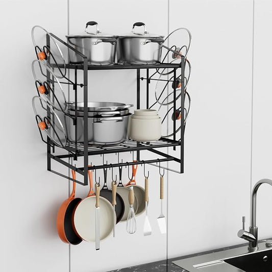 24 Inch Pot Rack Wall Mounted, 2 Tier Pots and Pans Organizer with 10 Hooks and 6 Pot Lid Holders, Heavy Duty Steel Pot and Pan Hanger for Kitchen Cookware Utensils Storage 24" Lx13 Wx20.5 H