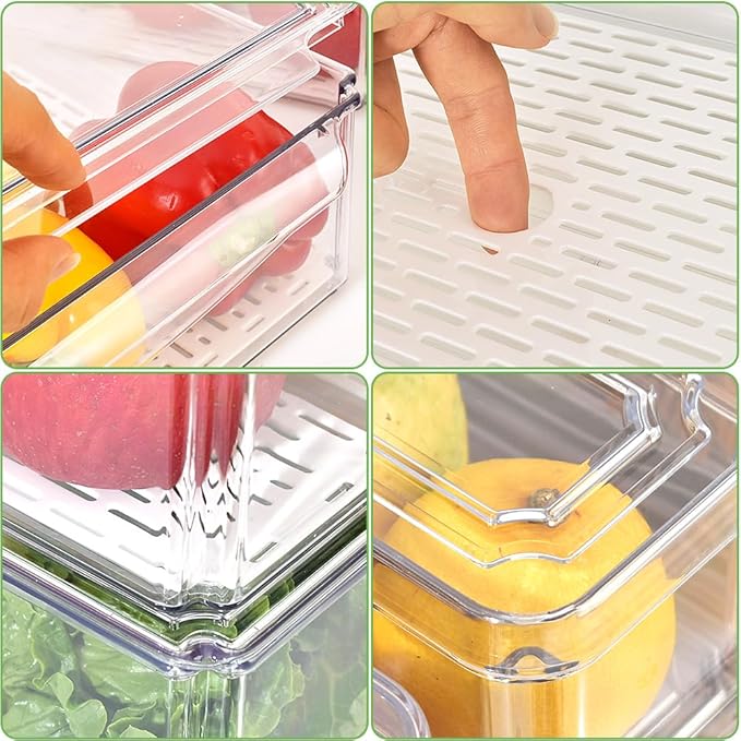 Stackable Refrigerator Organizer Bins with Lids, Fridge Organization and Storage Containers, BPA-Free Plastic Pantry Bins for Fruits, Vegetable, Drinks With Drain Tray, Set Of 10