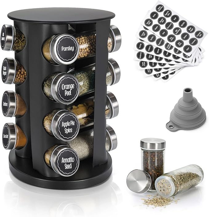 Black Countertop Rotating 16-Jars Revolving Spice Rack Organizer Tower , 135 Spice Labels with Funnel Complete Set, Seasoning Organizer for Kitchen Countertop, Cabinet