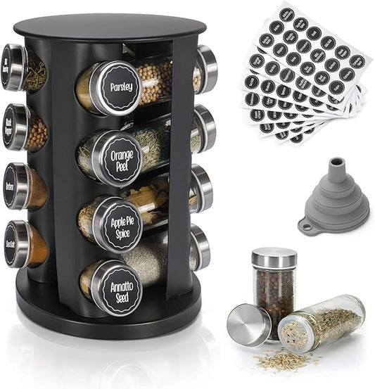 Black Countertop Rotating 16-Jars Revolving Spice Rack Organizer Tower , 135 Spice Labels with Funnel Complete Set, Seasoning Organizer for Kitchen Countertop, Cabinet