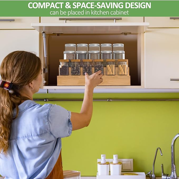 2 Pack Bamboo Spice Rack Organizer for Kitchen Counter, 3 Tier Spice Shelf Holder for Cabinet (Jars Not Included)